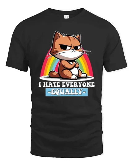 Funny Cat T-Shirt I Hate Everyone Equally Humor Tee - black t-shirt on white background