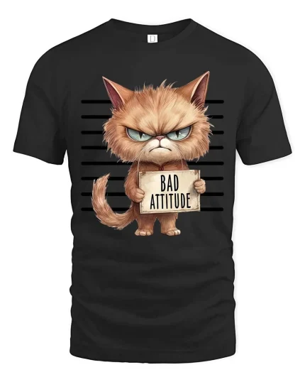 Bad Attitude Cat T-Shirt Funny Grumpy Kitty Graphic - black t-shirt on white background