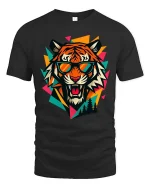 Cool Tiger Sunglasses T-Shirt Retro Geometric Graphic - black t-shirt on white background