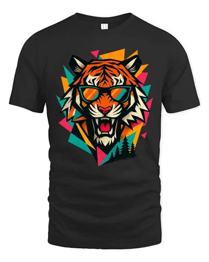 Cool Tiger Sunglasses T-Shirt Retro Geometric Graphic - black t-shirt on white background