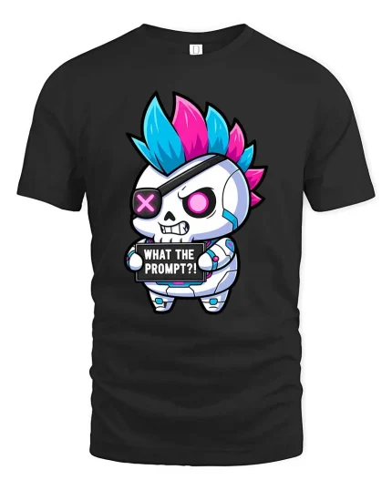 Funny Punk Skull T-Shirt What The Prompt Graphic Tee - black t-shirt on white background