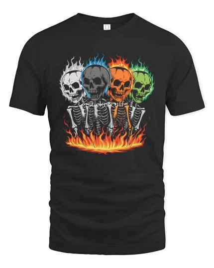 Flaming Skull Skeleton T-Shirt Dark Gothic Fire Graphic - black t-shirt on white background