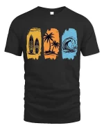 Surf Beach T-Shirt Palm Wave Vintage Summer Graphic Tee - black t-shirt on white background
