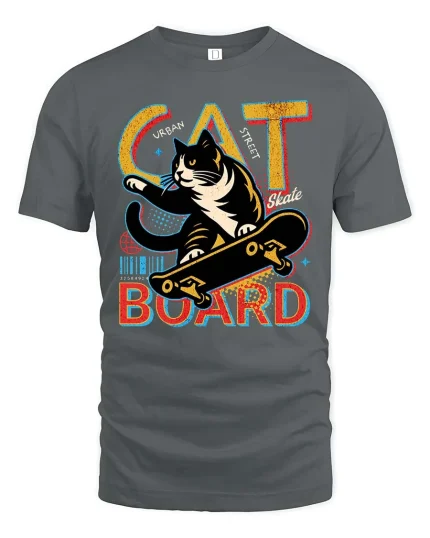 Cat Skateboard T-Shirt Urban Street Cool Graphic Tee - gray t-shirt on white background