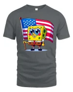Cute Cartoon Sponge USA Flag T-Shirt Patriotic Graphic - gray t-shirt on white background