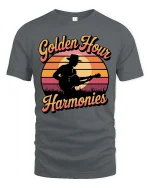 Golden Hour Guitar T-Shirt Vintage Sunset Music Graphic - gray t-shirt on white background