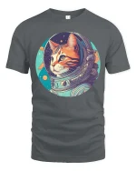 Astronaut Cat T-Shirt Space Galaxy Retro Graphic Tee - gray t-shirt on white background
