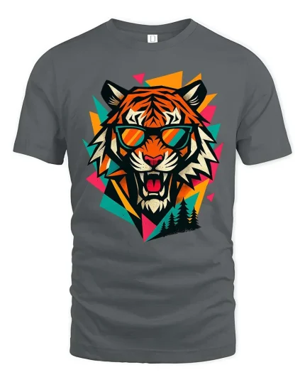 Cool Tiger Sunglasses T-Shirt Retro Geometric Graphic - gray t-shirt on white background
