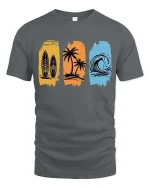 Surf Beach T-Shirt Palm Wave Vintage Summer Graphic Tee - gray t-shirt on white background