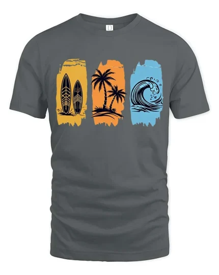 Surf Beach T-Shirt Palm Wave Vintage Summer Graphic Tee - gray t-shirt on white background