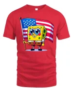 Cute Cartoon Sponge USA Flag T-Shirt Patriotic Graphic - red t-shirt on white background