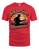 Golden Hour Guitar T-Shirt Vintage Sunset Music Graphic - red t-shirt on white background