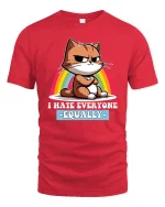 Funny Cat T-Shirt I Hate Everyone Equally Humor Tee - red t-shirt on white background