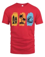 Surf Beach T-Shirt Palm Wave Vintage Summer Graphic Tee - red t-shirt on white background