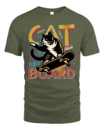 Cat Skateboard T-Shirt Urban Street Cool Graphic Tee - military green t-shirt on white background