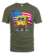 Cute Cartoon Sponge USA Flag T-Shirt Patriotic Graphic - military green t-shirt on white background