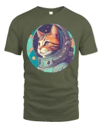 Astronaut Cat T-Shirt Space Galaxy Retro Graphic Tee - military green t-shirt on white background