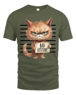 Bad Attitude Cat T-Shirt Funny Grumpy Kitty Graphic - military green t-shirt on white background