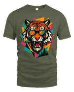 Cool Tiger Sunglasses T-Shirt Retro Geometric Graphic - military green t-shirt on white background