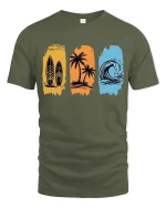 Surf Beach T-Shirt Palm Wave Vintage Summer Graphic Tee - military green t-shirt on white background