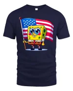 Cute Cartoon Sponge USA Flag T-Shirt Patriotic Graphic - navy t-shirt on white background