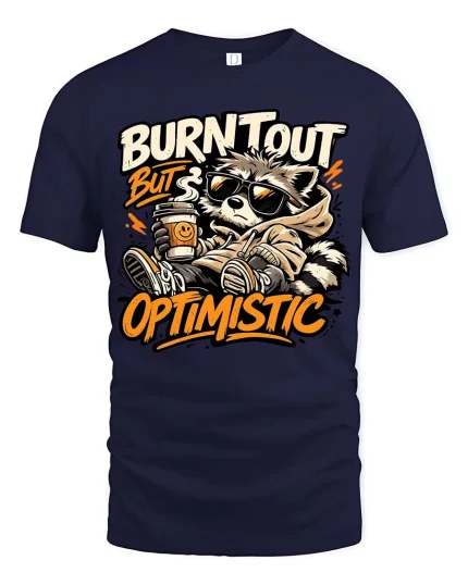 Burnt Out But Optimistic Raccoon T-Shirt Funny Graphic - navy t-shirt on white background