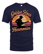 Golden Hour Guitar T-Shirt Vintage Sunset Music Graphic - navy t-shirt on white background