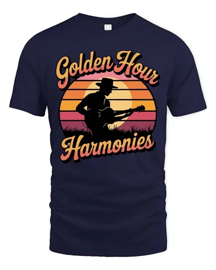 Golden Hour Guitar T-Shirt Vintage Sunset Music Graphic - navy t-shirt on white background