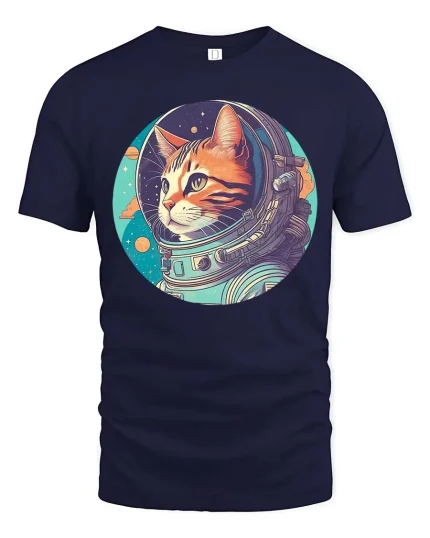 Astronaut Cat T-Shirt Space Galaxy Retro Graphic Tee - navy t-shirt on white background