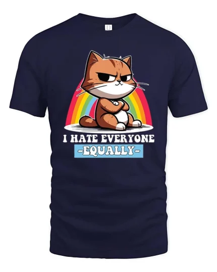 Funny Cat T-Shirt I Hate Everyone Equally Humor Tee - navy t-shirt on white background