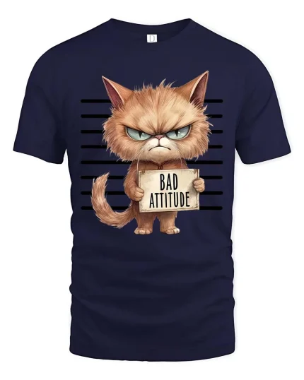 Bad Attitude Cat T-Shirt Funny Grumpy Kitty Graphic - navy t-shirt on white background