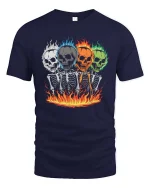 Flaming Skull Skeleton T-Shirt Dark Gothic Fire Graphic - navy t-shirt on white background