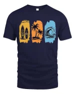 Surf Beach T-Shirt Palm Wave Vintage Summer Graphic Tee - navy t-shirt on white background