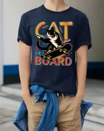 Cat Skateboard T-Shirt Urban Street Cool Graphic Tee - model wearing navy tee with hands in pockets