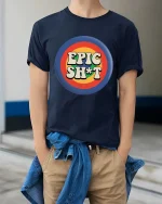 Epic Funny Retro T-Shirt Vintage Humor Graphic Tee - model wearing navy tee with hands in pockets