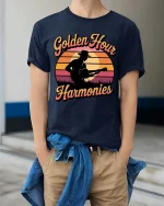 Golden Hour Guitar T-Shirt Vintage Sunset Music Graphic - model wearing navy tee with hands in pockets