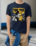 Stay True Teddy Bear T-Shirt Money Streetwear Graphic - model wearing navy tee with hands in pockets