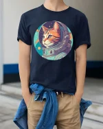 Astronaut Cat T-Shirt Space Galaxy Retro Graphic Tee - model wearing navy tee with hands in pockets