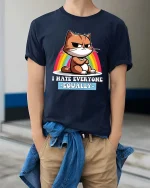 Funny Cat T-Shirt I Hate Everyone Equally Humor Tee - model wearing navy tee with hands in pockets