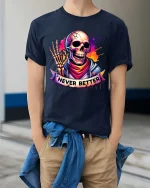 Never Better Skull T-Shirt Colorful Streetwear Graphic - model wearing navy tee with hands in pockets