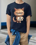 Bad Attitude Cat T-Shirt Funny Grumpy Kitty Graphic - model wearing navy tee with hands in pockets