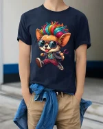 Colorful Chihuahua T-Shirt Cool Dog Streetwear Graphic - model wearing navy tee with hands in pockets