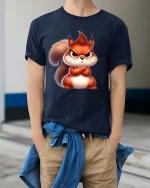 Angry Squirrel T-Shirt Cute Grumpy Animal Graphic Tee - model wearing navy tee with hands in pockets