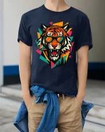 Cool Tiger Sunglasses T-Shirt Retro Geometric Graphic - model wearing navy tee with hands in pockets