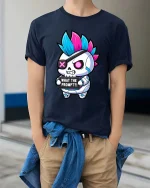 Funny Punk Skull T-Shirt What The Prompt Graphic Tee - model wearing navy tee with hands in pockets