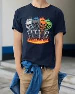 Flaming Skull Skeleton T-Shirt Dark Gothic Fire Graphic - model wearing navy tee with hands in pockets