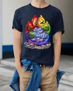 Colorful Wolf Paw T-Shirt Nature Landscape Graphic Tee - model wearing navy tee with hands in pockets