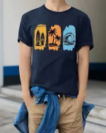 Surf Beach T-Shirt Palm Wave Vintage Summer Graphic Tee - model wearing navy tee with hands in pockets