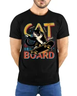 Cat Skateboard T-Shirt Urban Street Cool Graphic Tee - model wearing black tee with hands behind back