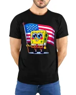 Cute Cartoon Sponge USA Flag T-Shirt Patriotic Graphic - model wearing black tee with hands behind back